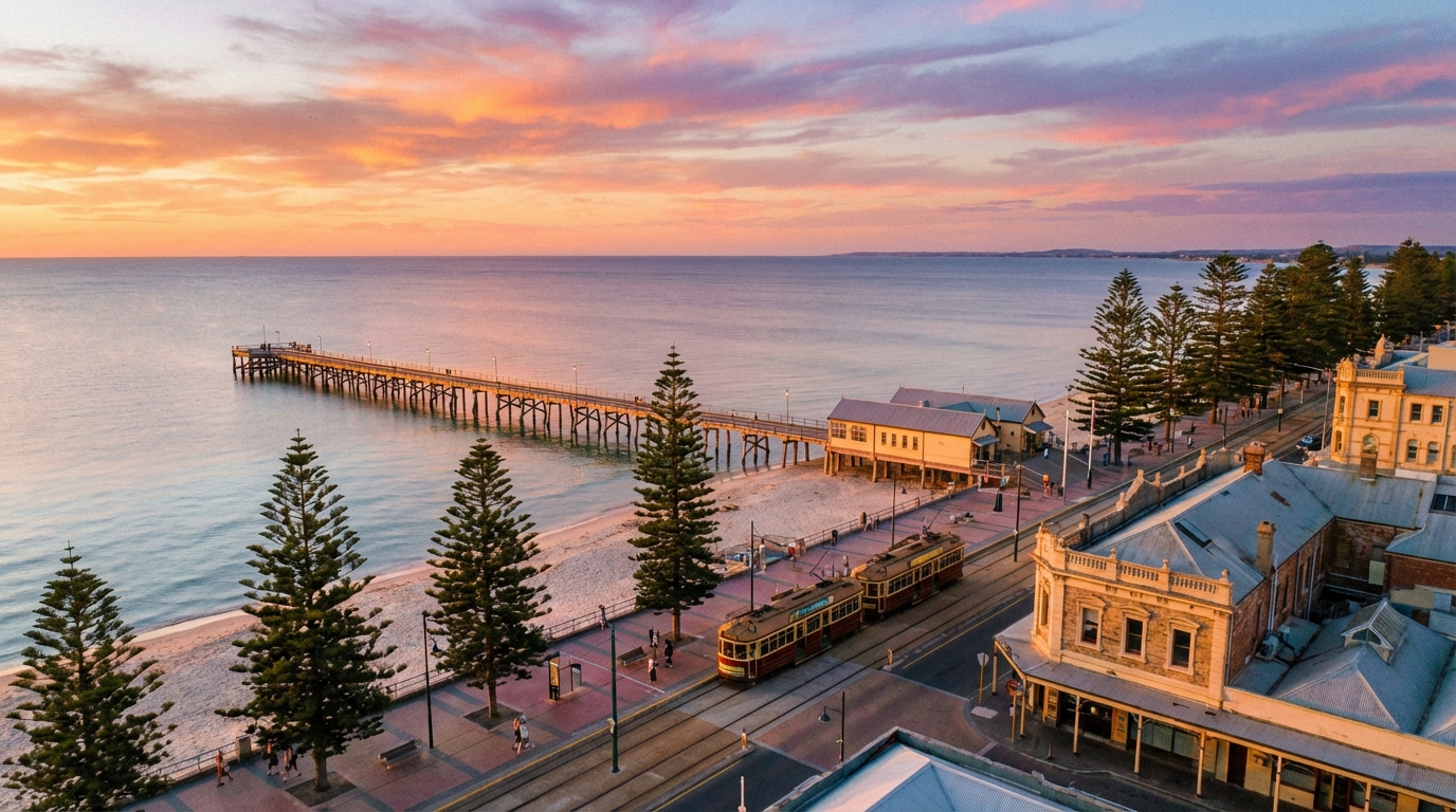 Image: A serene aerial view of Glenelg Beach at sunset, with the iconic Glenelg Jetty stretching into the calm ocean, and the historic tram line visible along the vibrant beachfront.