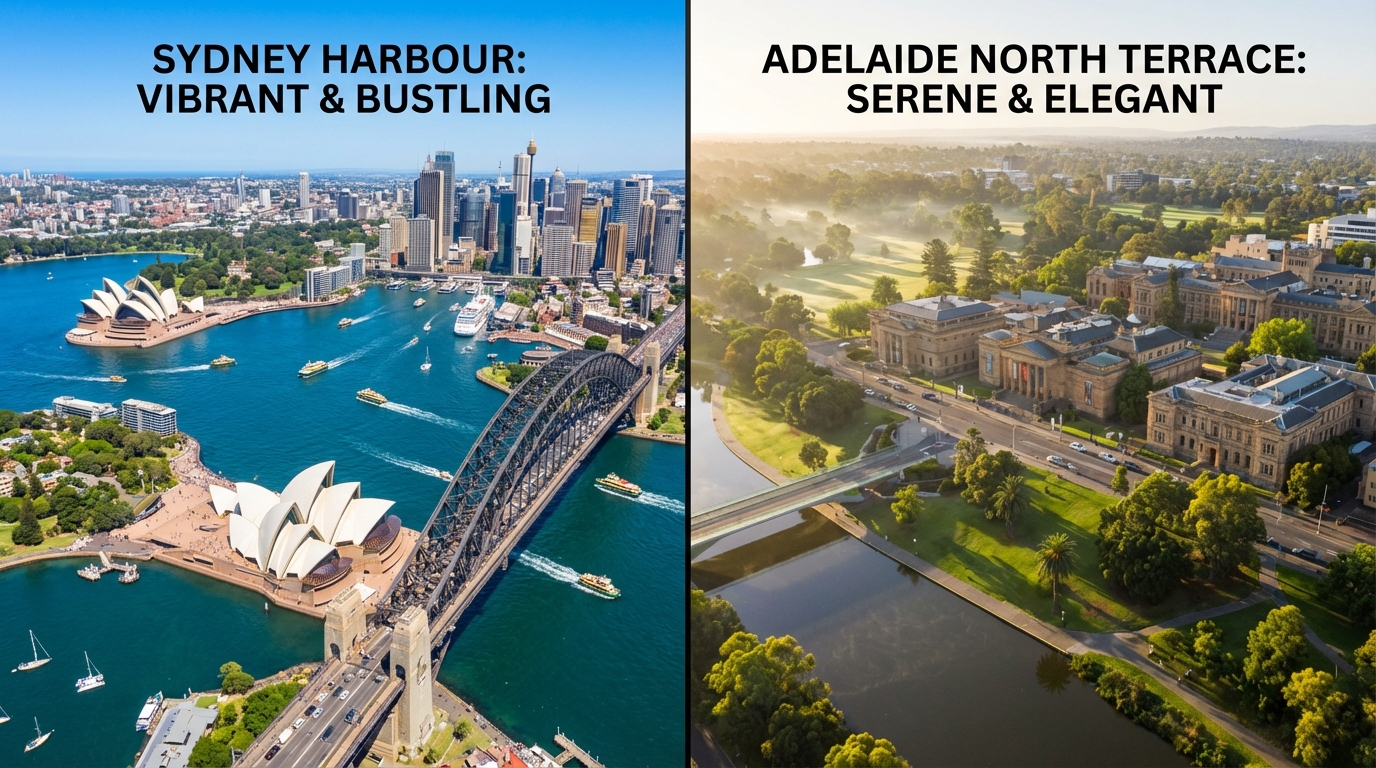 Image: A side-by-side comparison image. On the left, a vibrant, bustling aerial view of the Sydney Opera House and Harbour Bridge under a bright sun. On the right, a serene, elegant aerial view of Adelaide's North Terrace and its surrounding parklands, with historic buildings and green spaces, under a soft morning light.