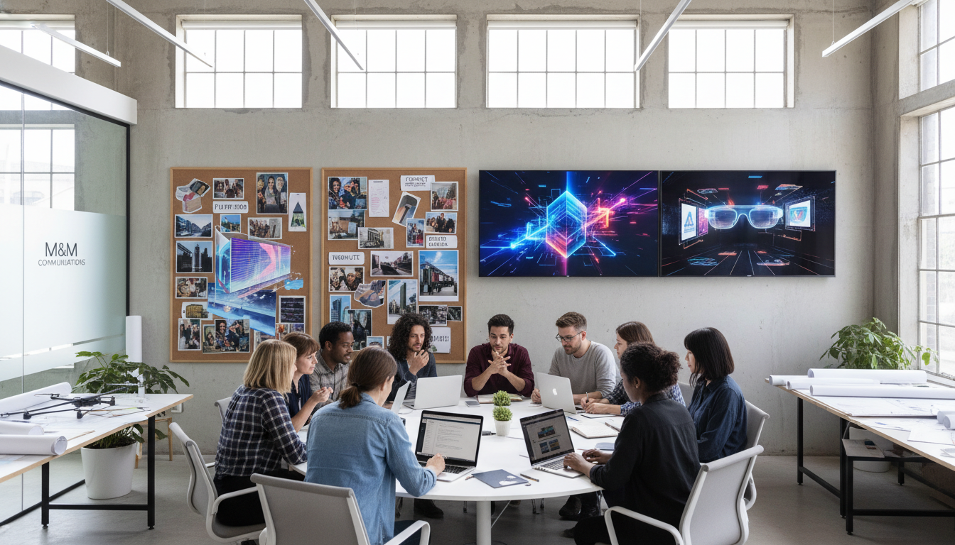 Image: A diverse team of creative professionals from M&M Communications brainstorming ideas in a modern, collaborative office space, with mood boards, digital screens displaying concept art, and architectural sketches of potential tech integrations for advertising campaigns.