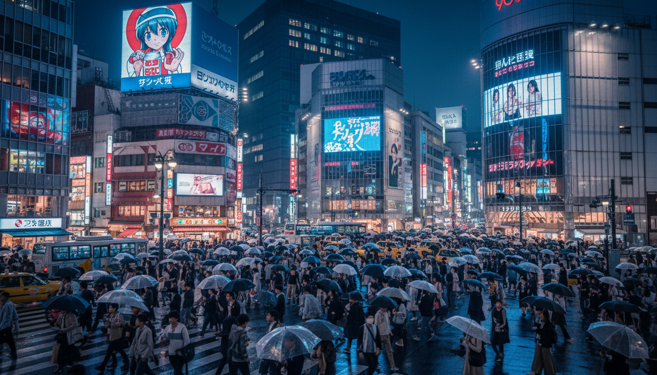 Image: A bustling street scene in Shibuya, Tokyo, at night, with multiple large, illuminated LED screens displaying vibrant advertisements, featuring a mix of traditional Japanese architecture and modern skyscrapers.