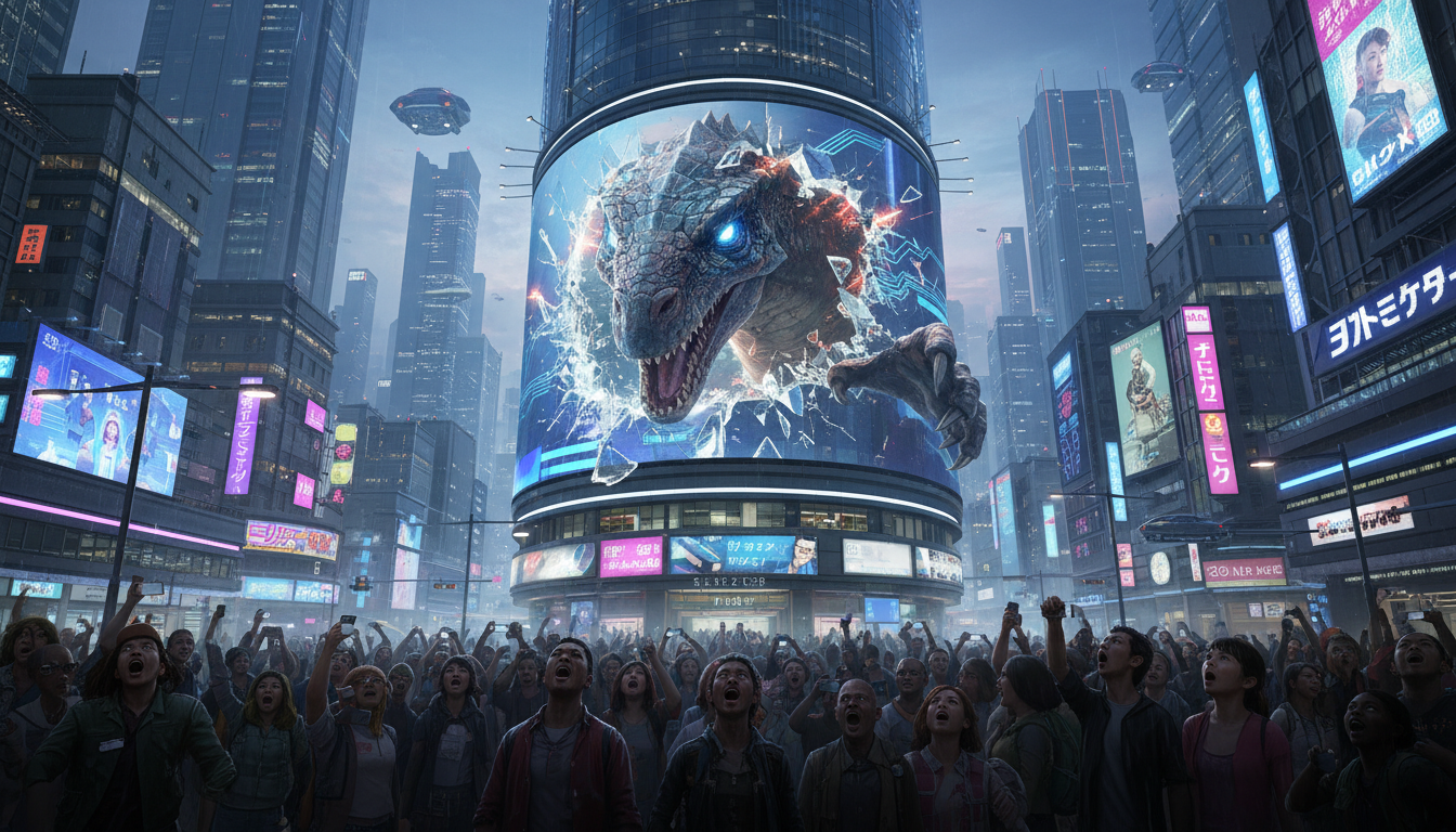 Image: A vibrant 3D anamorphic billboard in a futuristic Asian city, displaying a giant, hyper-realistic creature breaking free from the screen, captivating a diverse crowd of onlookers holding up their smartphones.