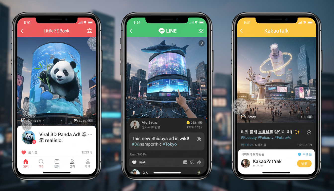 Image: A montage of smartphone screens displaying various Asian social media apps (Little Red Book, LINE, KakaoTalk), each showing a different user-generated post or brand content related to a viral 3D anamorphic advertising campaign.