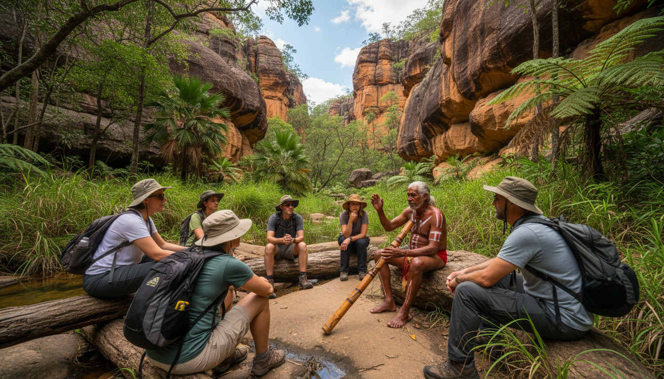 Image: An Indigenous Elder from the Top End sharing a traditional story with a small group of attentive tourists in a lush, natural setting with ancient rock formations in the background. The Elder is wearing traditional ochre paint and attire, holding a didgeridoo.