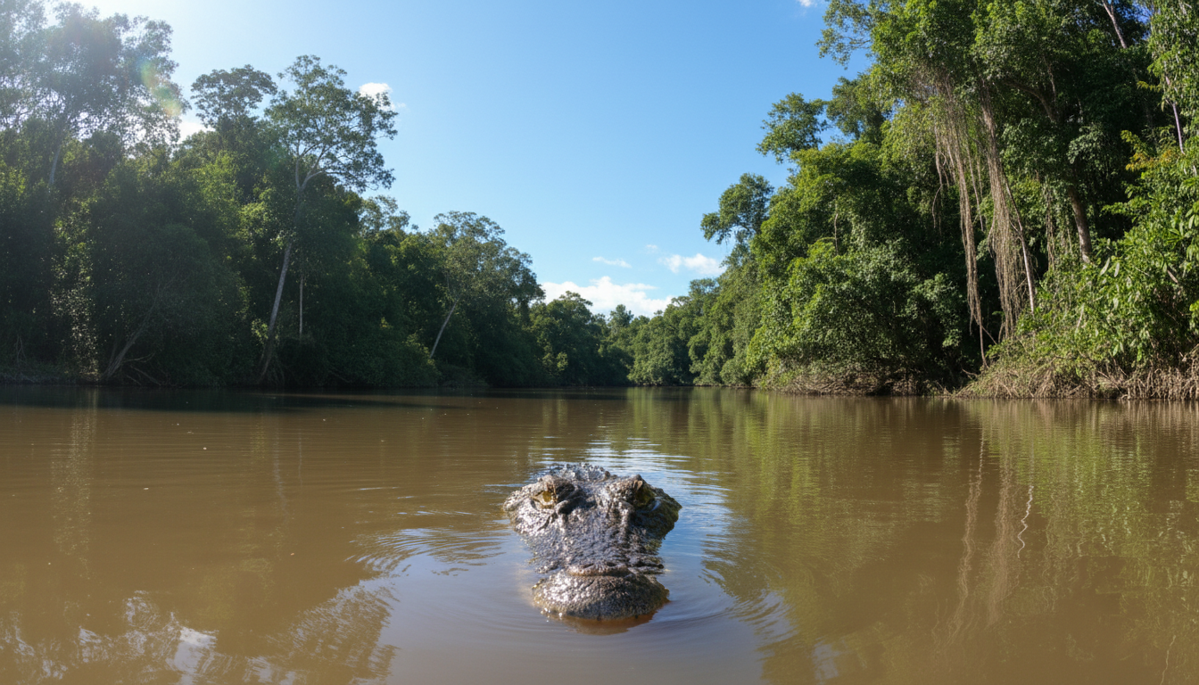 Image: A large, ancient saltwater crocodile partially submerged in a muddy river in the Top End, with only its eyes and snout visible above the water. Lush tropical foliage lines the riverbanks under a bright Australian sun.