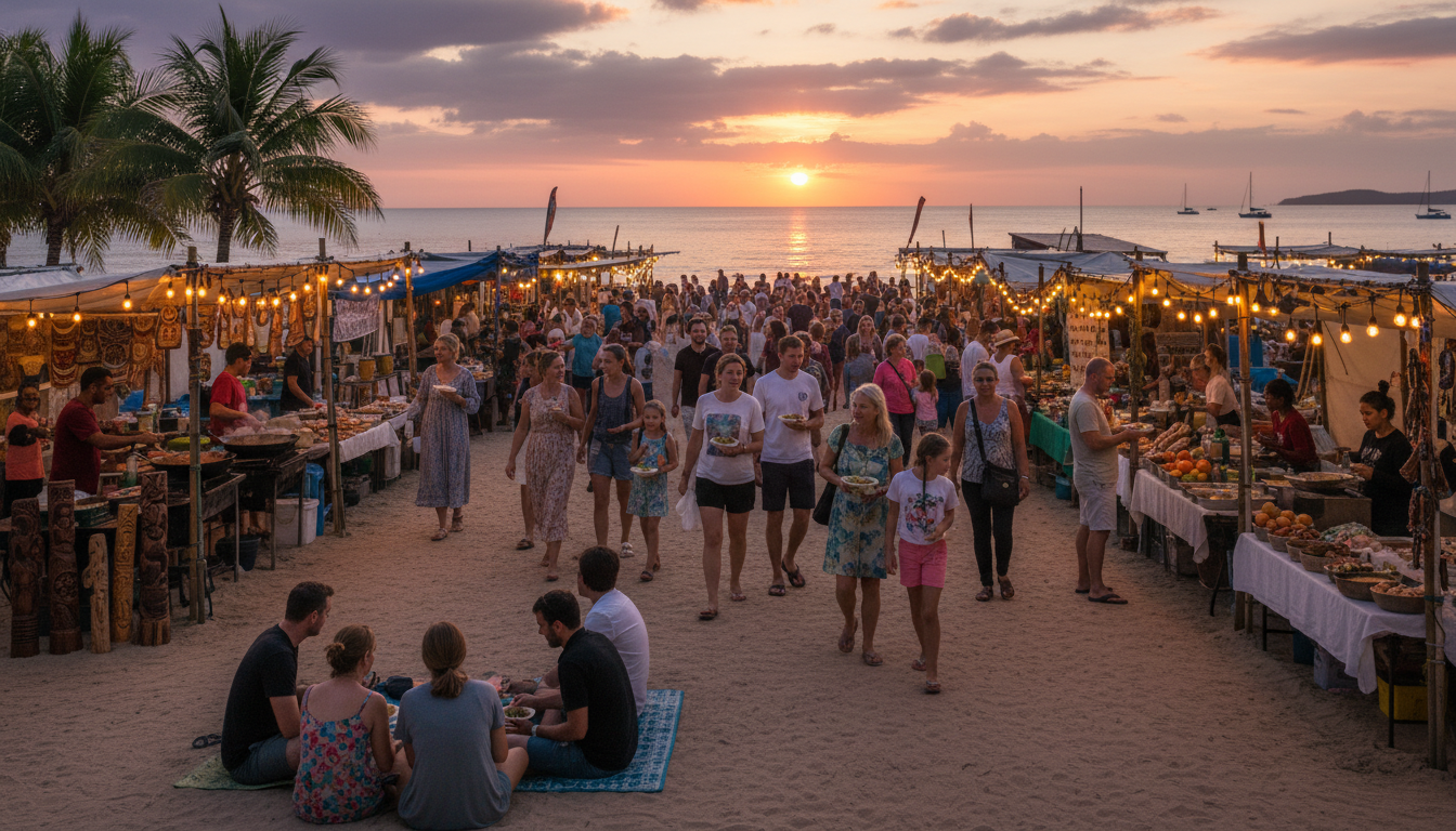 Image: A bustling scene at the Mindil Beach Sunset Market in Darwin, Australia. Stalls are brightly lit with fairy lights, selling diverse street food and local crafts. People are strolling, eating, and enjoying the sunset over the ocean in the background.