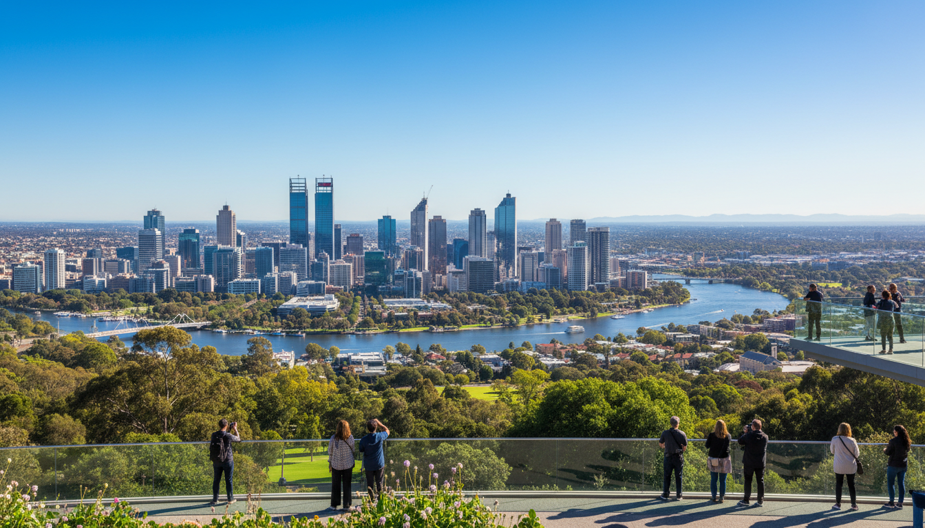 Image: A breathtaking panoramic view of Perth city skyline, the Swan River, and the distant Darling Range, as seen from Fraser Avenue lookout in Kings Park during a clear sunny day. The foreground shows lush green trees and manicured gardens, with people enjoying the view from a clean viewing platform.