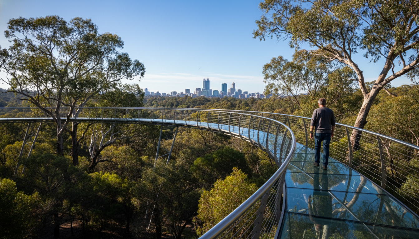 Image: A person walking along the Federation Walkway (Tree Top Walk) in Kings Park, Perth. The walkway is made of glass and steel, suspended high above the native bushland. The image captures the unique perspective of being among the treetops, with glimpses of the Perth city skyline in the distance on a bright, sunny day.
