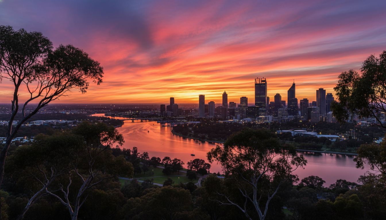 Image: A stunning sunset over the Perth city skyline and Swan River, as viewed from Kings Park. The sky is painted with vibrant orange, pink, and purple hues, reflecting on the water. The city lights are just beginning to twinkle, and silhouetted trees in the foreground add depth to the panoramic view.